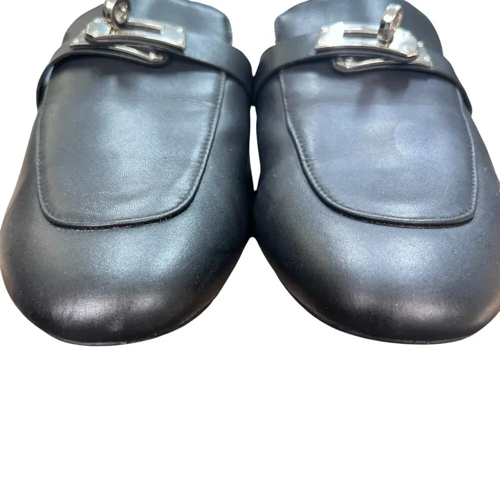 Hermes Oz Mules Black Leather Silver Kelly Buckle Slip On Mules Size 40 US 10